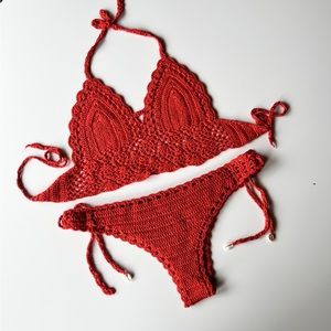 Handmade Rust Red Crochet Bikini Top and Bottom Set Size Medium